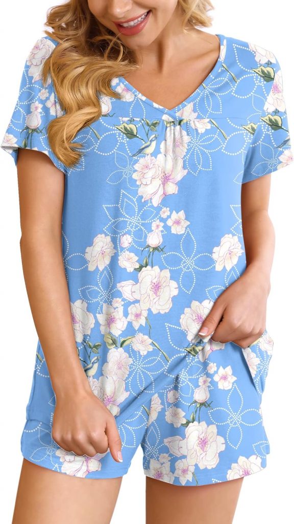 Ninee Pyjama Damen Kurz Schlafanzug Frauen Soft Nachtwäsche V-Ausschnitt Kurzarm Zweiteiliger Pjs Sets Hausanzug (Flower Light Blue,X-Large)5.59€