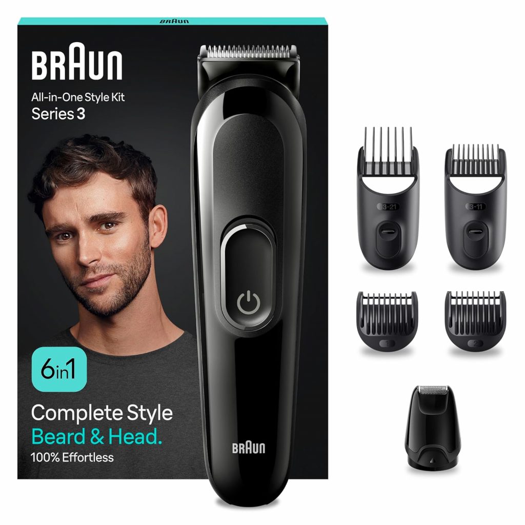 Braun All-In-One Trimmer-Set 3, 6-in-1 Multigroom, Barttrimmer, Haarschneidemaschine für Gesicht und Kopf, 50 Min. Akku, 14 Längen (3–21 mm), MGK3410, Schwarz