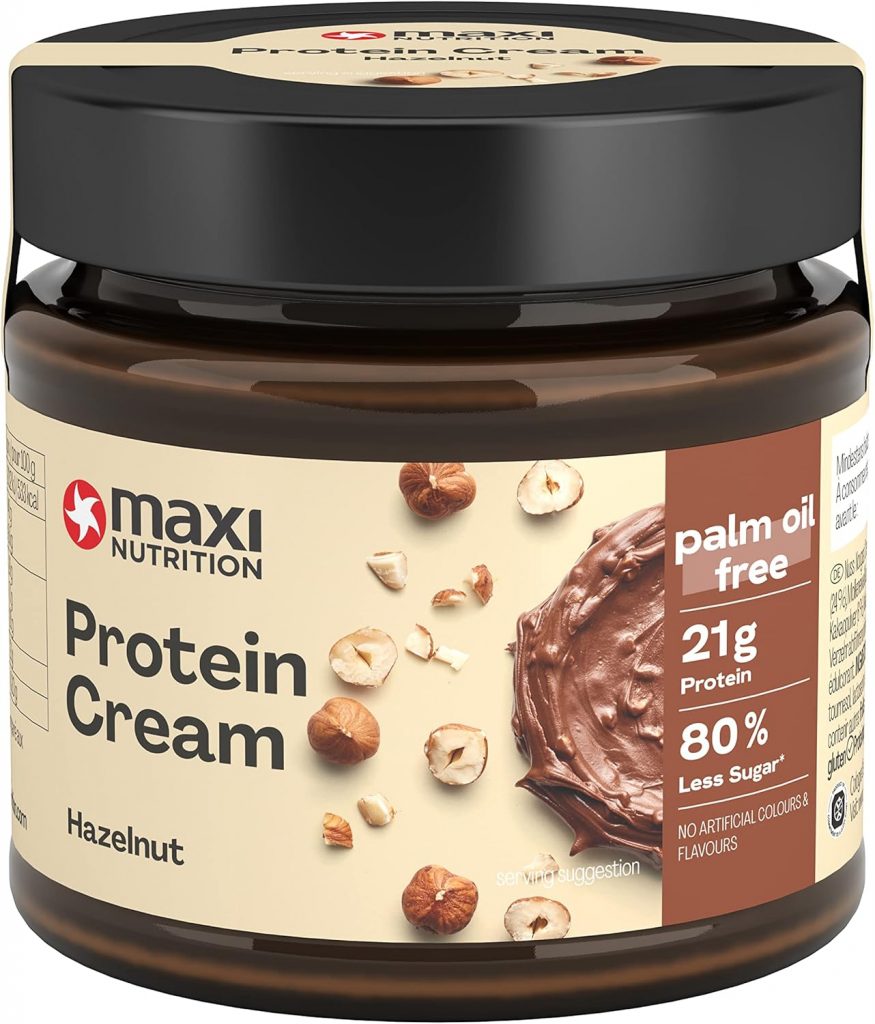 MaxiNutrition Protein Cream Haselnuss-Nougat 200g im Glas, Schokoladenaufstrich mit 21% Protein- und 24% Haselnussanteil, mit nur 7,7 Gramm Zucker (8 weniger als herkömmliche Streichcremes)3.79€ ➡️ https://www.amazon.de/dp/B0B917639V/?tag=preisfehlerheute-21