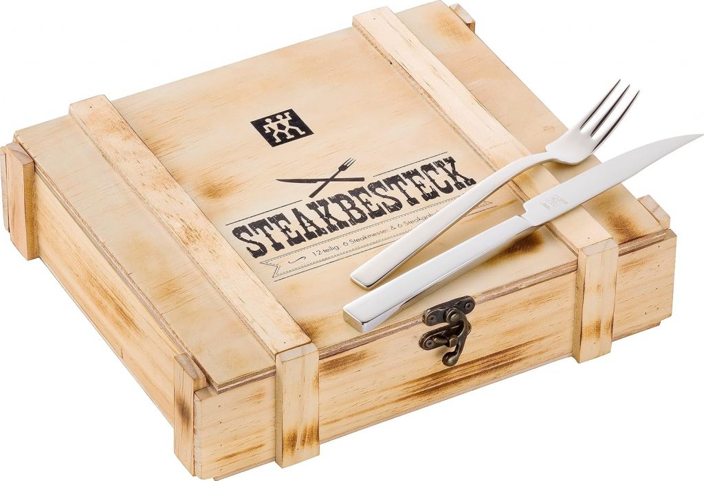 🤴 ZWILLING Steakbesteck Set 12-teilig, Für 6 Personen, in Holzbox, Spülmaschinengeeignet, 18/10 Edelstahl, Poliert, Silber