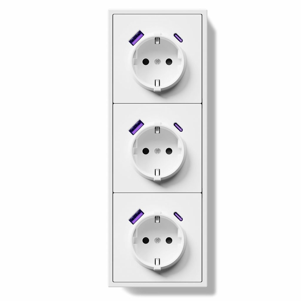BSEEDLIFE Schuko Steckdose mit USB/Typ C 20W, Unterputz EU-Standard Steckdosen, Wandsteckdose mit PC Rahmen, 80 * 220mm inzelsteckdose mit Krallen, Einfache Installation, 3 Fach Weiß