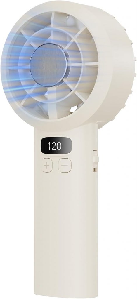 LUXVANO Handventilator – Tragbarer Ventilator mit 120 Stufen, LED-Display, Sicherheitsverriegelung, 3000mAh, USB Mini Ventilator mit Akkur für Reisen, Büro, Zuhause,Schminken, Beige