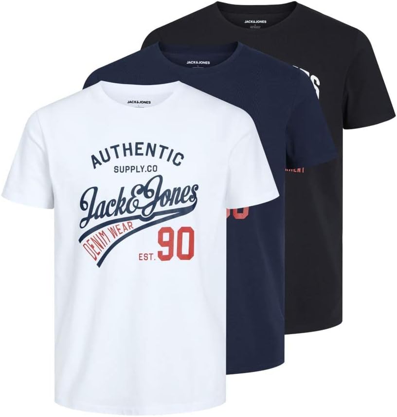 JACK & JONES Herren T-Shirt 3er Pack – Baumwolle, Rundhals, Kurzarm, mit Print…
