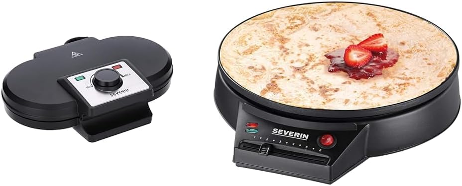 SEVERIN Duo-Waffeleisen, antihaftbeschichtetes Doppelwaffeleisen für zwei klassische Herzwaffeln, ca. 1.200 W Leistung, schwarz, WA 2106 & Crêpes Maker, 30 cm Durchmesser, schwarz, CM 2198💰 nur 64,64 7