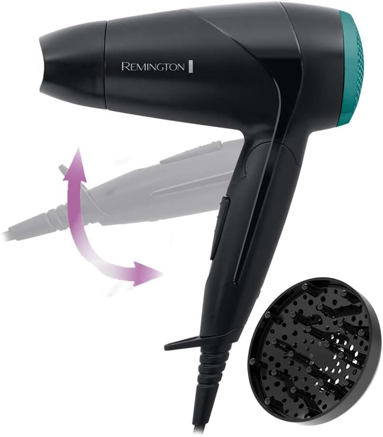 Remington Haartrockner [klein & klappbar & leistungsstark] On The Go (2000 W, weltweite Spannungsanpassung 120/220-240V, Stylingdüse & Diffusor, 2 Kombi-Heiz- & Gebläsestufen) Reisehaartrockner D1