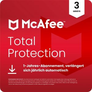 McAfee Total Protection 2026 (3 Geräte) | Virenschutz, VPN, Betrugsschutz, Sicherheitssoftware, Identitätsüberwachung | 1-Jahres-Abonnement mit automatischer Verlängerung | Download