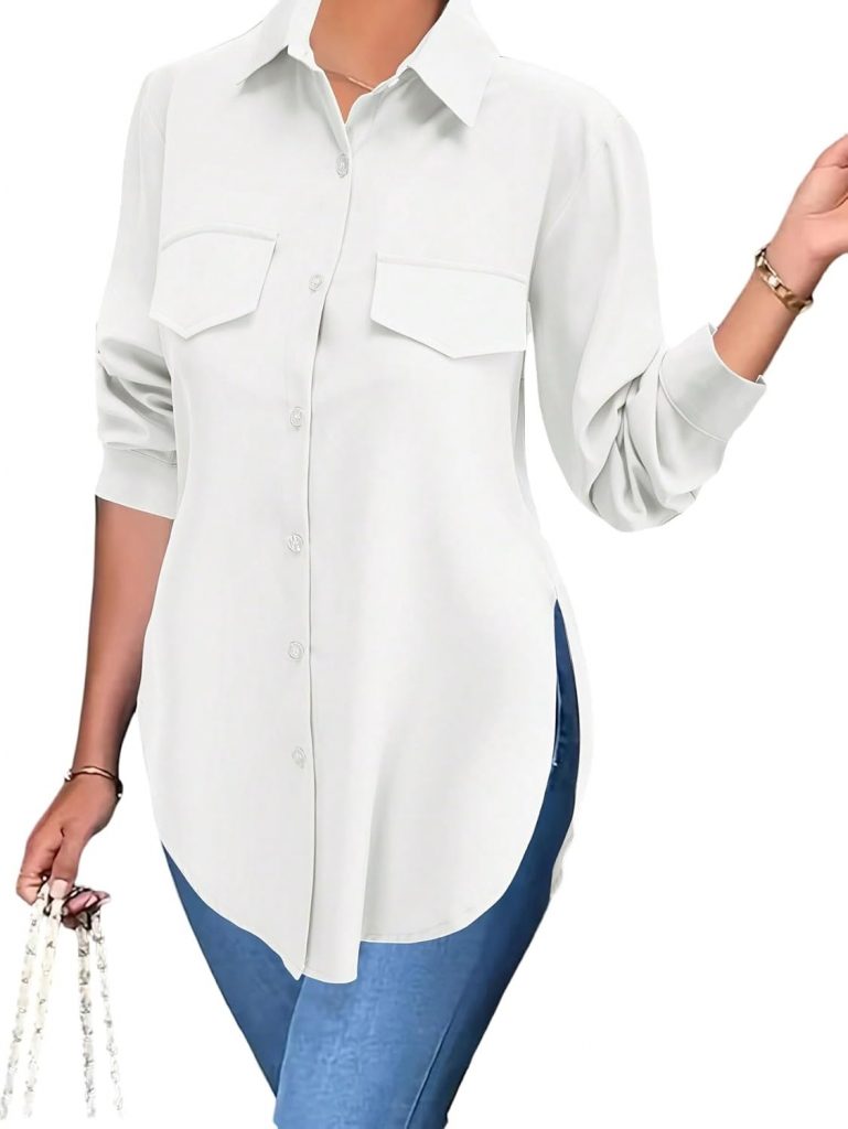 GORGLITTER Bluse Damen Elegant Lang Blusen Button Down Oberteil Büro Hemdbluse Tunika Hemdshirt Asymmetrisch Langarm…