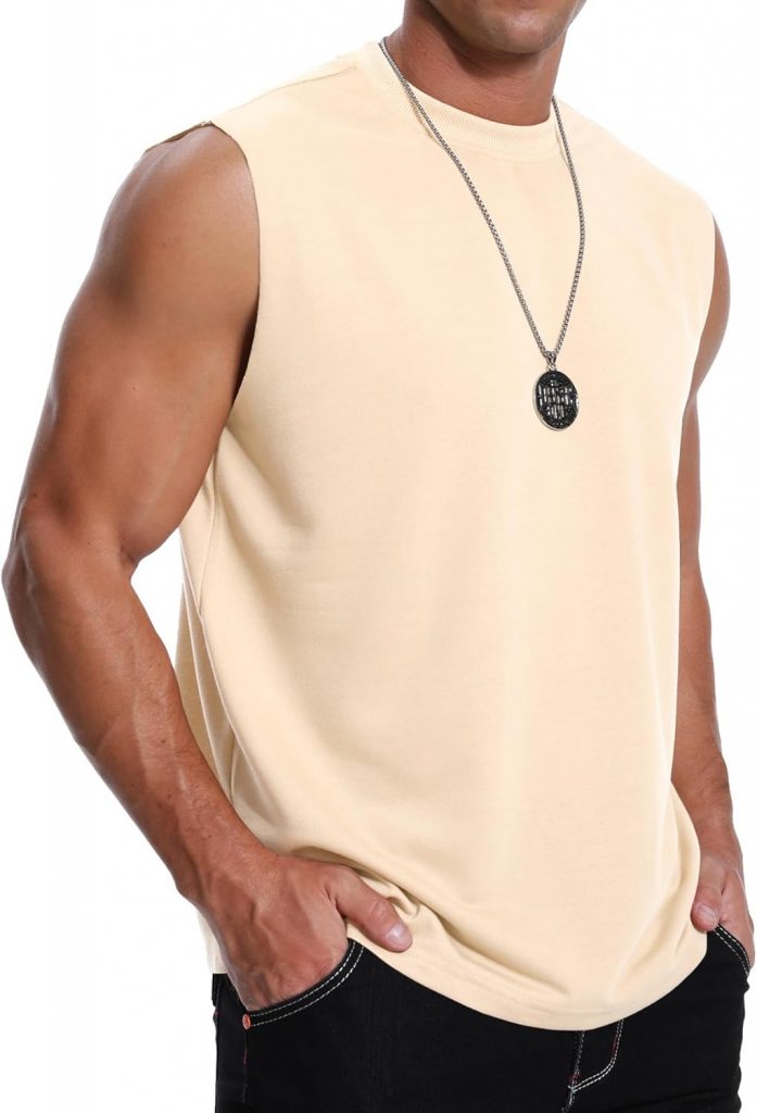 MMLANM Herren ärmellos Rundhalsausschnitt aufgerollt Casual Tank Top, lockeres Tank Top, Sommer Fitness Tank Top, 10 Polyester, Apricot S