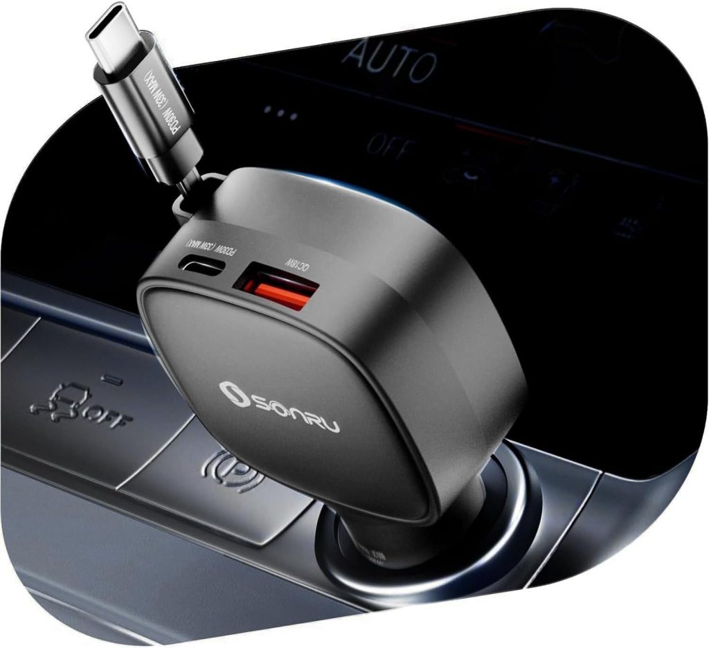 Zigarettenanzünder USB C, SONRU 84W Auto Ladegerät Einziehbares KFZ Ladegerät USB Schnellladegerät Handy 12V USB C Ladekabel Auto Adapter für iPhone 16 15 14, iPad, Samsung Galaxy S25 S