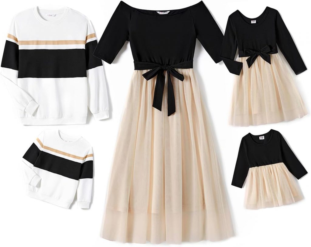 PATPAT Familien Outfit Set Langarm – Partnerlook Mutter Tochter Kleid Langarm T-Shirt & Mutter Kind Kleider Mama…