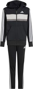 adidas Unisex Kids SEASONAL ESSENTIALS TIBERIO 3 STRIPES FLEECE TRACKSUIT, black/white/grey two, 11-12 Years