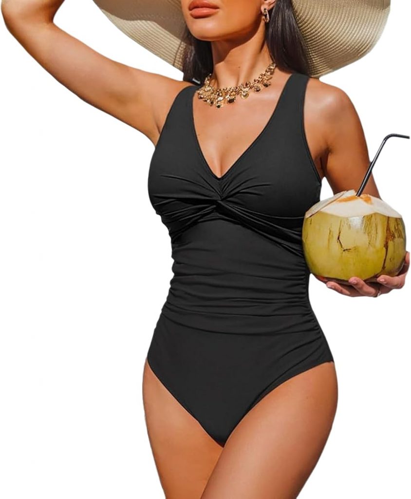 Shaping Badeanzug Damen Badeanzug Damen Bauchweg Push Up Mit Shaping Effekt V Ausschnitt Raffung Einteiler Bademode Swimsuit Verstellbaren Trägern Monokini Strandmode S C Black