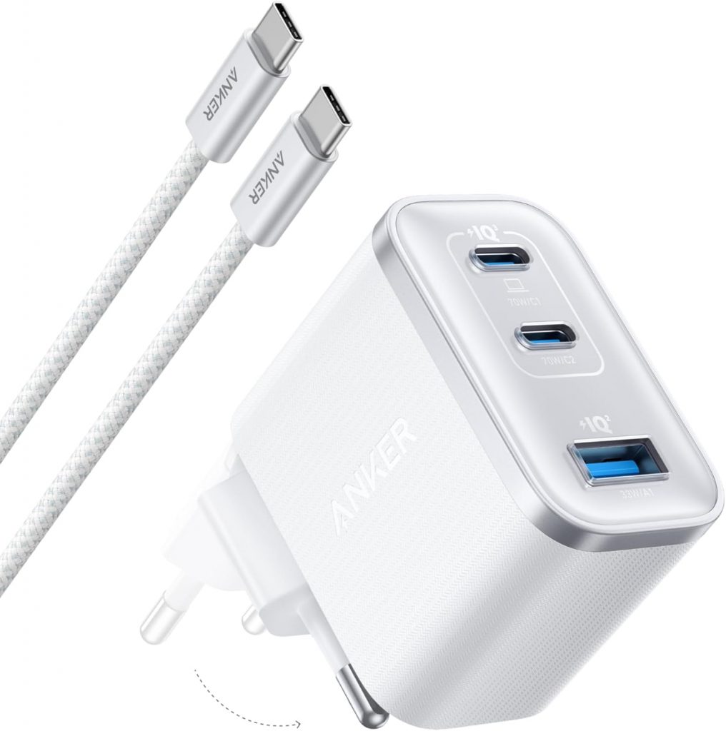 Anker Nano 70W USB C Ladegerät, Laptop Ladegerät, 3-Port-Netzteil mit 70W schnellladegerät, kompakt & stylisch, für iPhone 17/Pro/Pro Max/iPhone Air/16/15, MacBook Air, iPad, Pixel, Galaxy und mehr