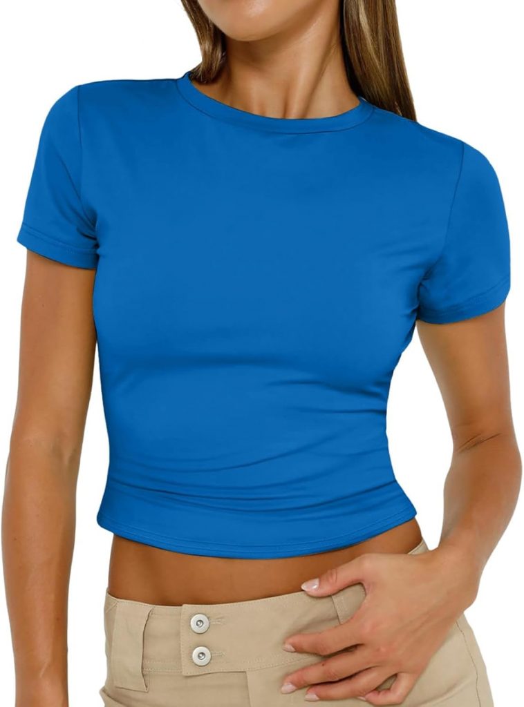 3er Pack Basic Kurzarm Slim Fit Damen Y2K Oberteile T-Shirts Rundhals Cropped Tee Einfarbig Basic Crop Tops Casual…