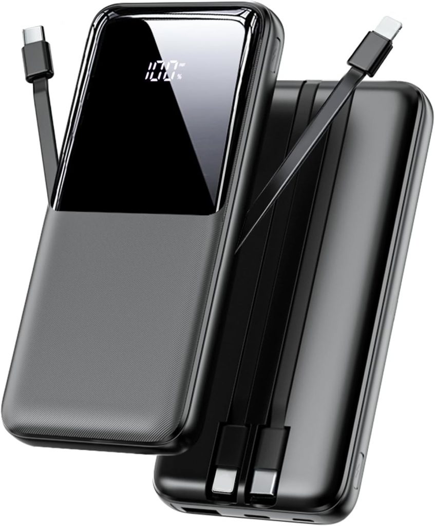 👑 Power Bank 26800mAh, 22,5W USB C Schnellladung Powerbank mit 3 Anschl&uuml;ssen & 2 integrierten Kabeln, Externer Akku Tragbares Ladeger&auml;t Kompatibel mit iPhone 17 16 15 14 13 Android, Schwarz