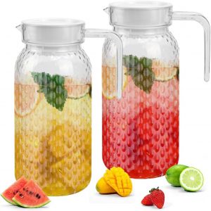 ADERTOS 2 Stücke Wasserkrug 1L Wasserkaraffe Acryl Krug mit Deckel Transparente Wasser Krüge Kunststoff Eistee Krug mit Griff Plastik Getränkekaraffe Tee Karaffe für Wein Kaffee Kaltes Heißes Wasser
