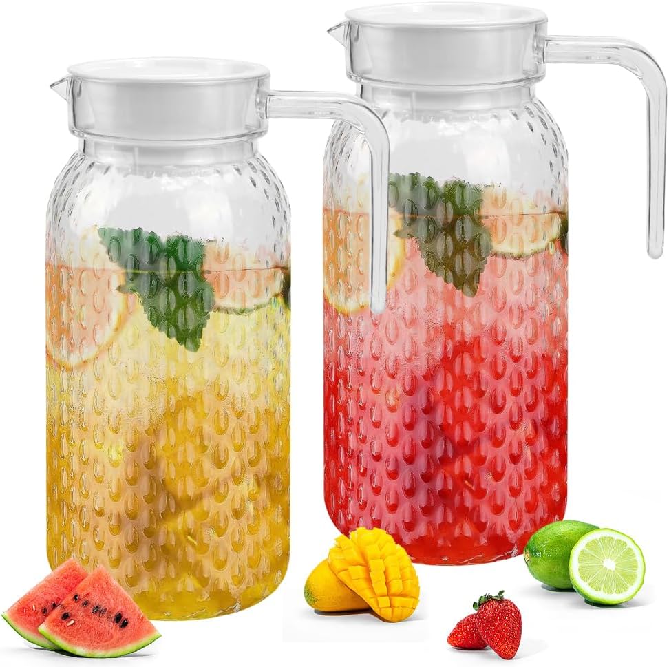 ADERTOS 2 Stücke Wasserkrug 1L Wasserkaraffe Acryl Krug mit Deckel Transparente Wasser Krüge Kunststoff Eistee Krug mit Griff Plastik Getränkekaraffe Tee Karaffe für Wein Kaffee Kaltes Heißes Wasser
