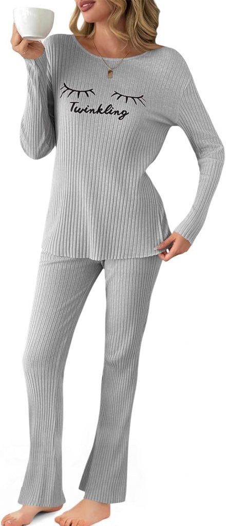 Fisoew Damen Schlafanzug Lang Pyjama Set Gerippt Gestrickte Wimperndruck Oberteil Hosen Zweiteiler Winter Lounge Nachtwäsche(Grau, M)9.99€