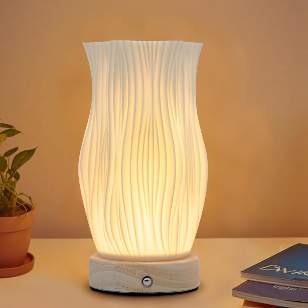 Nachttischlampe mit Holzsockel, 9-Stufig Dimmbare Nachttischlampe mit PLA…