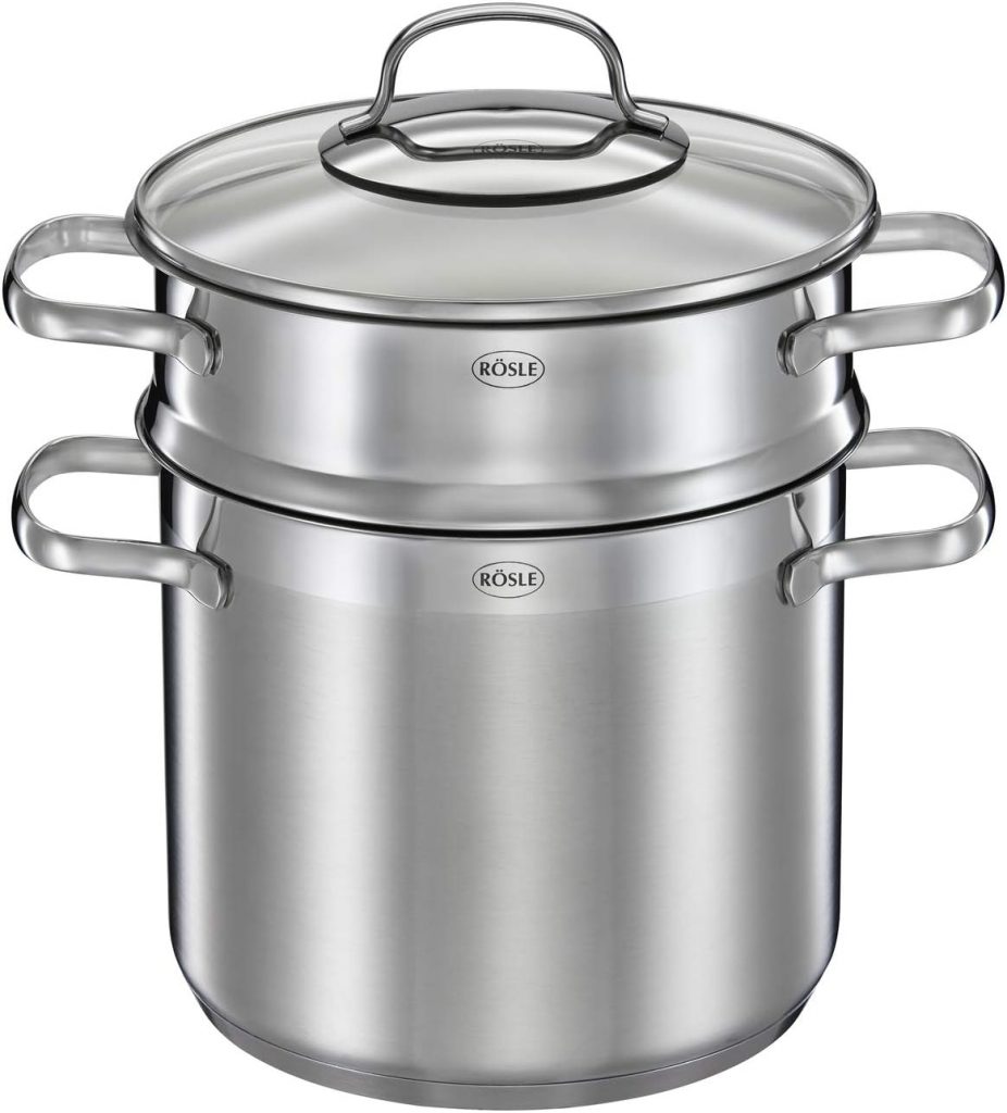 RÖSLE ELEGANCE Pastatopf, Hochwertiger Edelstahltopf zur Zubereitung von Nudeln oder Gemüse, 5 Liter, Edelstahl 18/10, Pastaeinsatz, Innenskalierung, Induktionsgeeignet, Spülmaschinengeeignet, 29 x 21,5 x 30,5 cm
