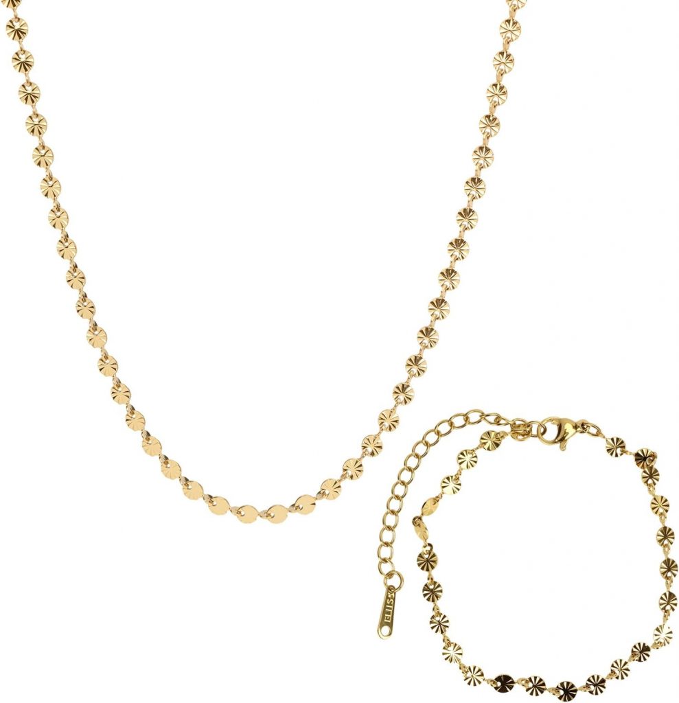 MOTIBACK Titanstahl Halskette und Armband Set Damen Gold, Elegante Layering Kette mit Runden Anhänger & Münzen, Choker Statement Kette Gold für Alltag und Party, Schmuck Geschenke für Frauen