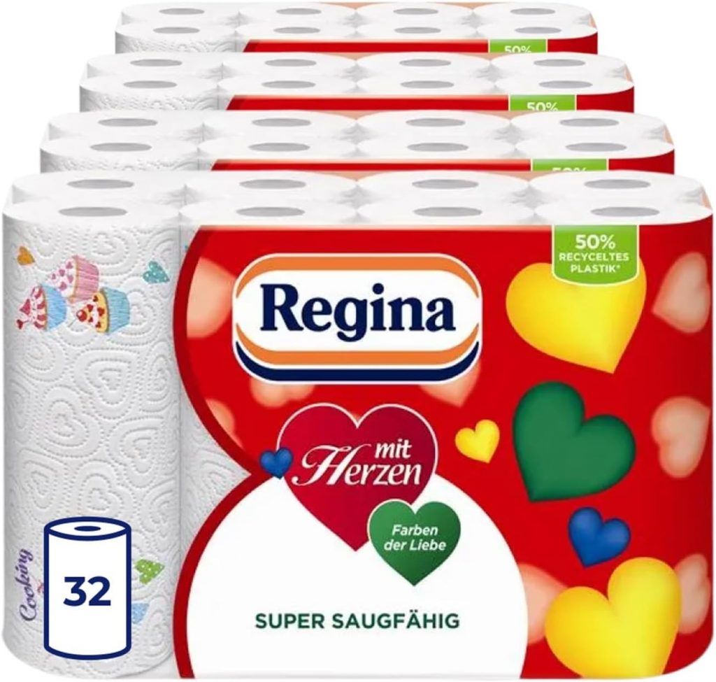 Regina mit Herzen Haushaltstücher – 32 Rollen-Packung (8 x 4 Einzelpackungen), 43 Blatt 3-Lagig, Super Saugfähig…