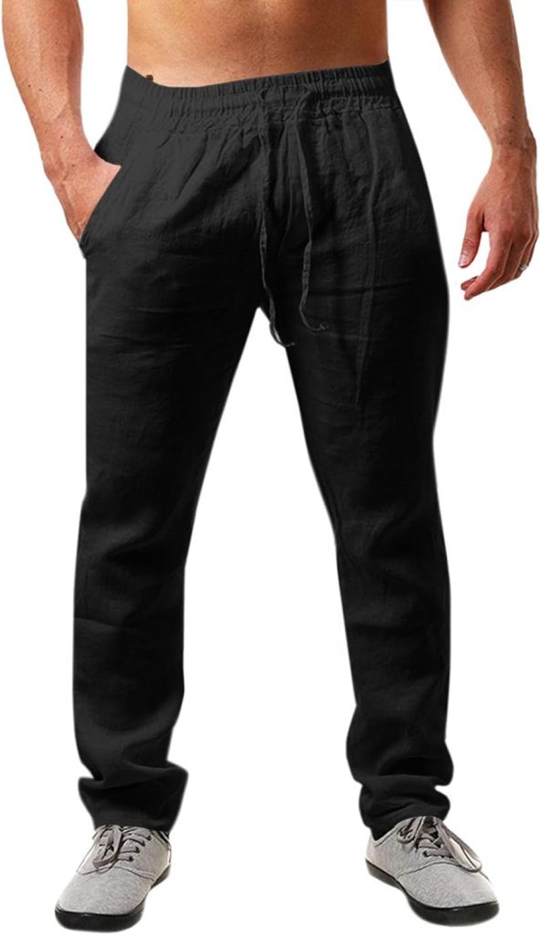 Runcati Herren Leinenhose Einfarbiges Lang Leicht Sommerhose Loose Fit Freizeithose mit Kordelzug für Urlaub Strand…
