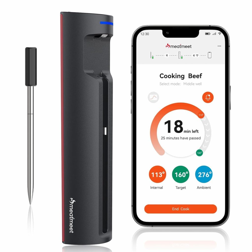 Pro Fleischthermometer Kabellos mit WLAN und Bluetooth, App-Überwachung mit Timer und Alarm, IP67 wasserdicht und ölbeständig, kabelloses Fleischthermometer für BBQ, Backofen, Grill, Küche