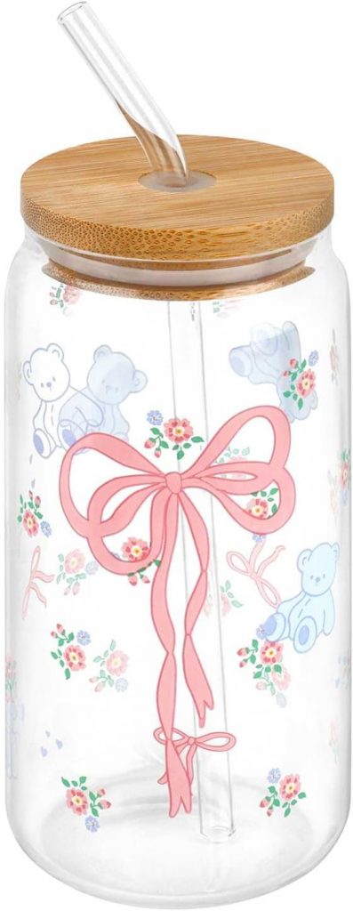 KILDOWS 16 oz Trinkgläser, Gläser Trinkglas mit Deckel und Strohhalm, Zartes und niedliches Bären- und…
