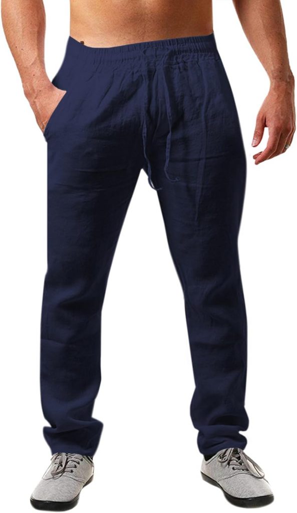Runcati Herren Leinenhose Einfarbiges Lang Leicht Sommerhose Loose Fit Freizeithose mit Kordelzug für Urlaub Strand Dunkelblau M