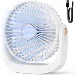 AICPAN Ventilator Leise - Tischventilator mit Nachtlicht，3000mAh USB Wiederaufladbarer Kleiner Ventilator, 5 Geschwindigkeiten, 360° verstellbare Neigung für Büro Schlafzimmer Zuhause, Weiß