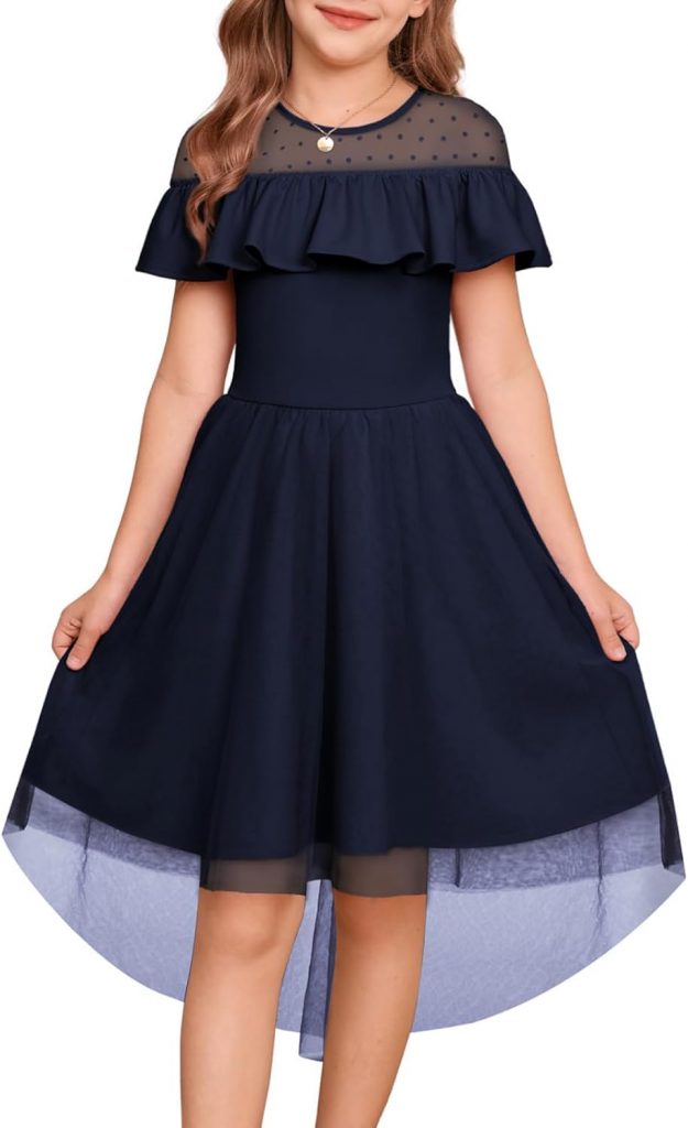 GRACE KARIN Mädchen Tüll Prinzessin Kleid Rundhals Asymmetrisch Saum A-Linie Partykleid Marineblau 7 Jahre