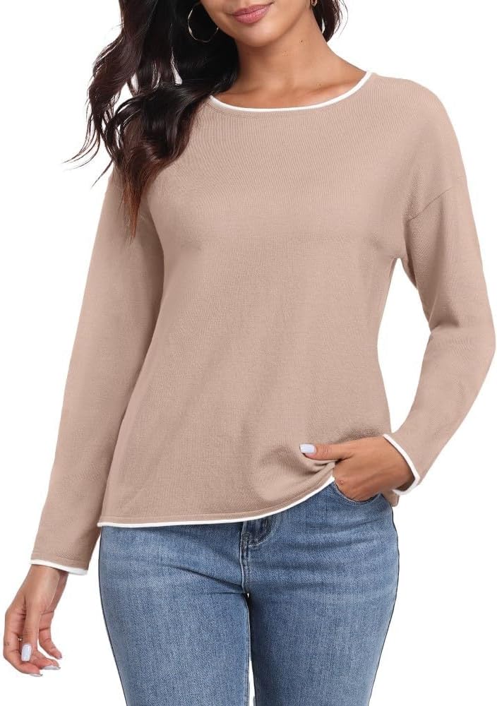 PrinStory Strickpullover Damen Rundhal Pullover Mit Kontrastierenden Farben…