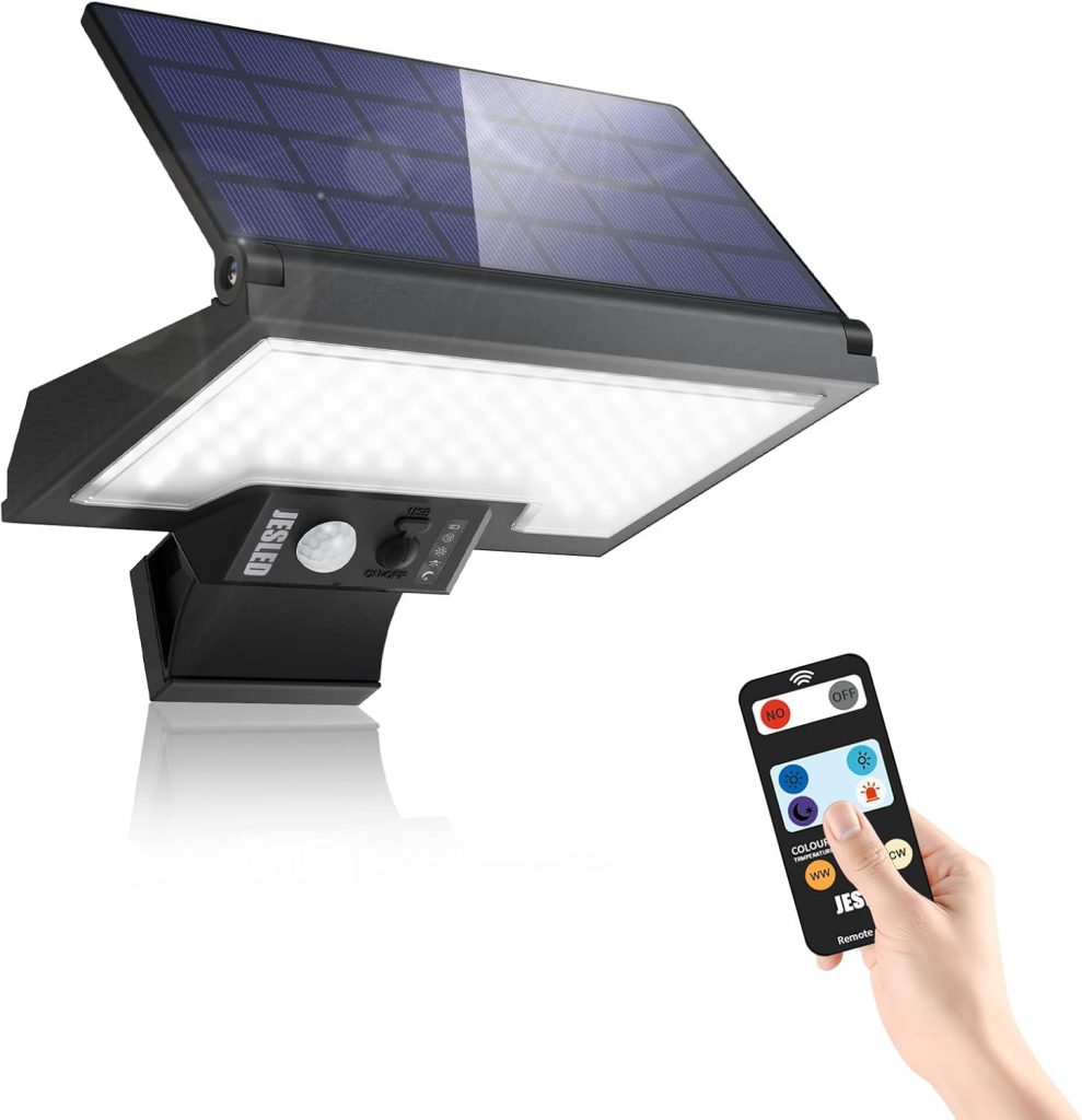JESLED Solarlampen für Außen mit Bewegungsmelder, 108LEDs 3CCT Drehbare Solar…