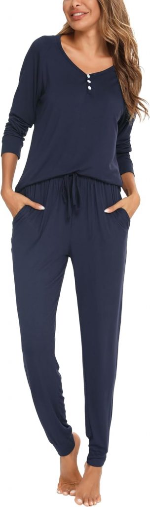 Sopesil Schlafanzug Damen Pyjama Lang Winter Baumwolle Set Nachtwäsche Hausanzug Weiche und Bequeme Loungewear mit Knopf Kordelzug Elastizität, B_Navy Blau, L