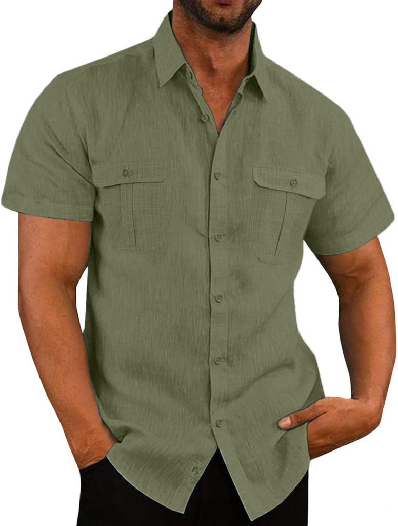 Jamicy Leinenhemd Herren Kurzarm Hemd Sommer Freizeithemd Mit Brusttasche Button Down Regular Fit Kurzarmhemd Businesshemd Männer Einfarbig Basic Baumwolle Leinen Shirt Armeegrün M