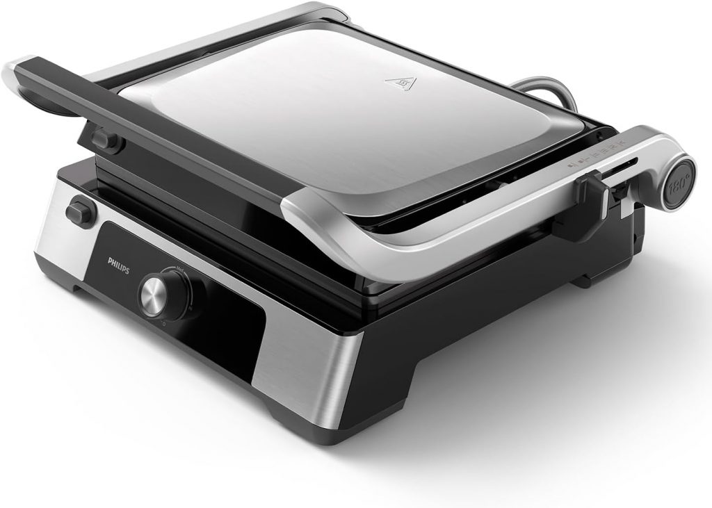 Philips Kontaktgrill – Einstellbare Temperatur 60°C-200°C. 180° aufklappbar. Große Grillfläche und High Power-Leistung. Abnehmbare Antihaft-Platten und Fettauffangschale. (HD6301/90)