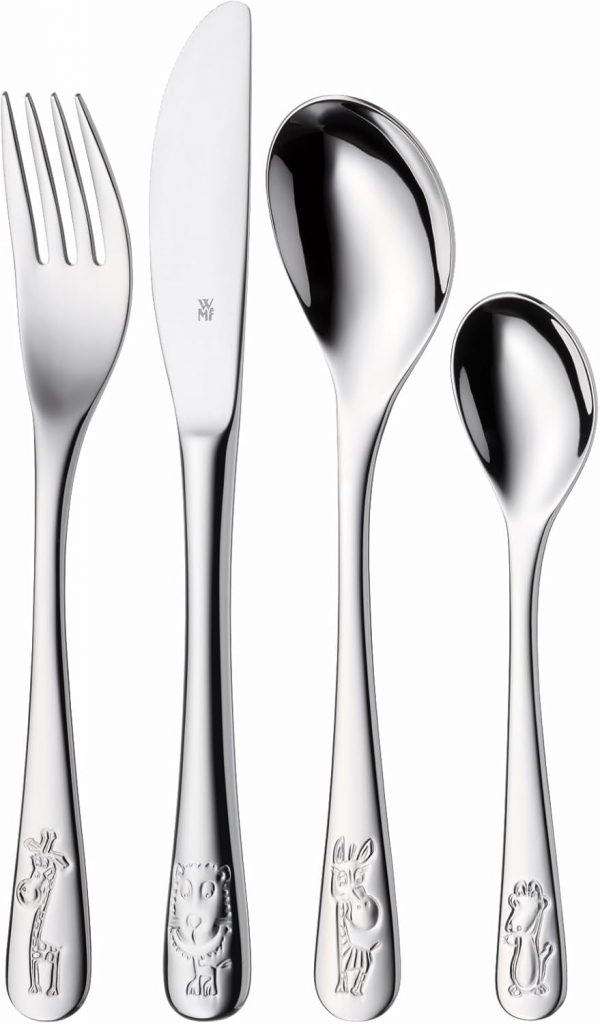 WMF Safari Kinderbesteck Set 4-teilig, Besteck Kinder Edelstahl, Kinderbesteck ab 3 Jahre, Cromargan poliert…