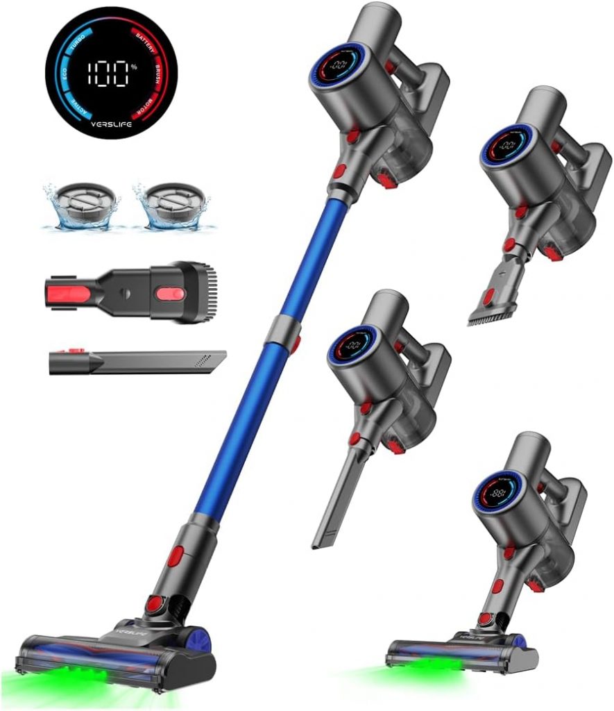 VersLife Z8 Akku Staubsauger Kabellos, 500W/45 Min/40KPa Akkustaubsauger mit Smart LED-Display, Selbststehend, Leichter Kabelloser Akkusauger mit grünem Licht für Tierhaare/Hartböden/Teppiche
