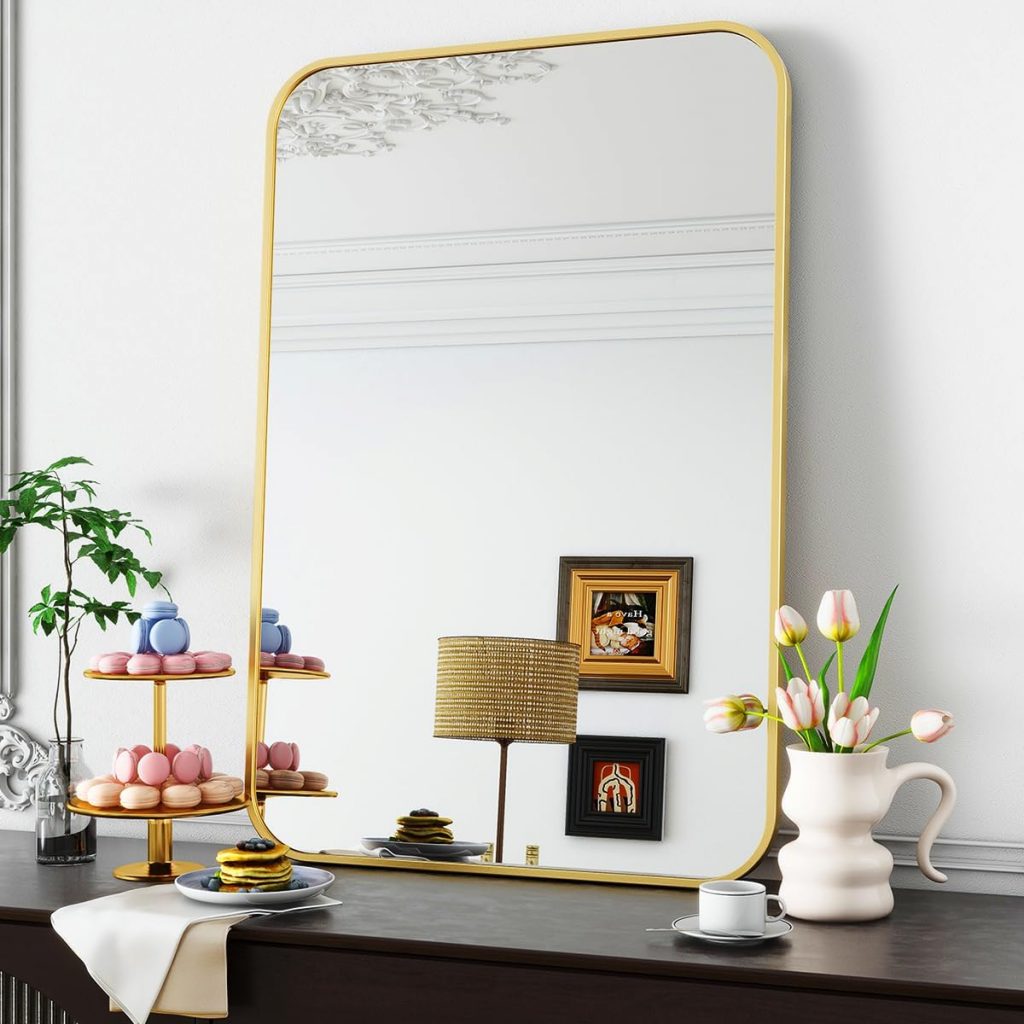 Koonmi Wandspiegel Gold, 66×96 cm Badezimmerspiegel mit runder Ecke, Morden Spiegel Wand mit Rahmen aus Aluminiumlegierung für Wand montiert horizontal oder vertikal, Gold💰 nur 19,98 Verkauft von KoonmiEU und 381
