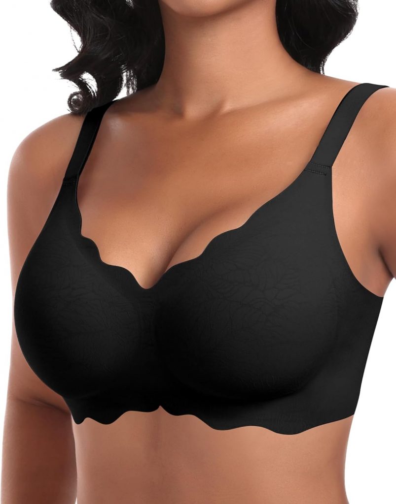 Ganado Damen Nahtloser BH Ohne Bügel Tiefem V-Ausschnitt gewellte Ränder Push Up BH Bralette Soft Bequem BHS Bügellos Bustier (Schwarz-Doppel Vorderwelle, S)