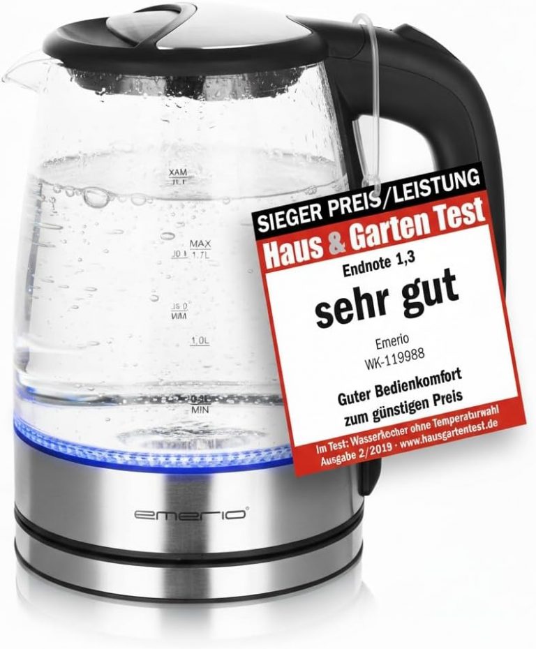 EMERIO Glas Wasserkocher mit 1.7 Liter Volumen 2200 Watt blaue LED Innenbeleuchtung 360° Basis SIEGER Preis/Leistung Haus & Garten Test bestes Borosilikatglas Auto Off WK-119988.7
