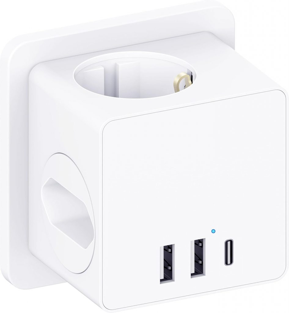 Steckdosenwürfel ohne Kabel, Steckdosenadapter mit USBC für DE/NL/ES/SE/FR, 4000W Cube Mehrfachsteckdose mit 3 USB…