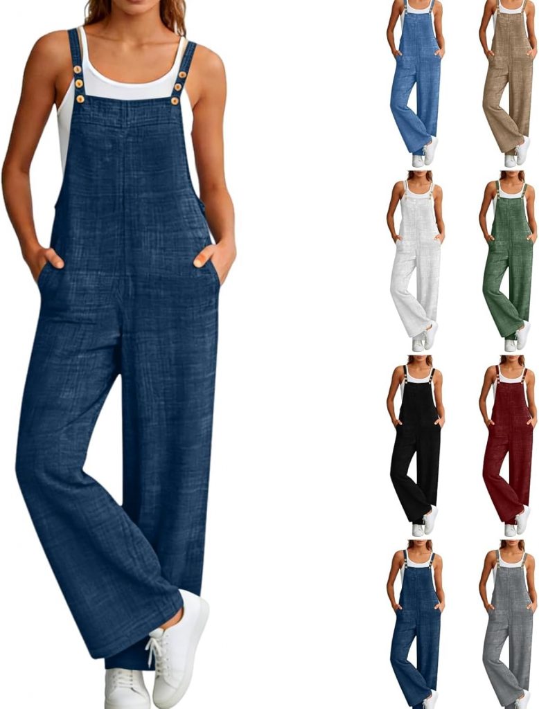 Latzhose Damen Sommer Baggy Freizeit Lang Elegant Retro Loose Breite Beine Jumpsuit Playsuit Overall Dungarees Hosen mit Taschen,Jumpsuit Damen Sommer Elegant