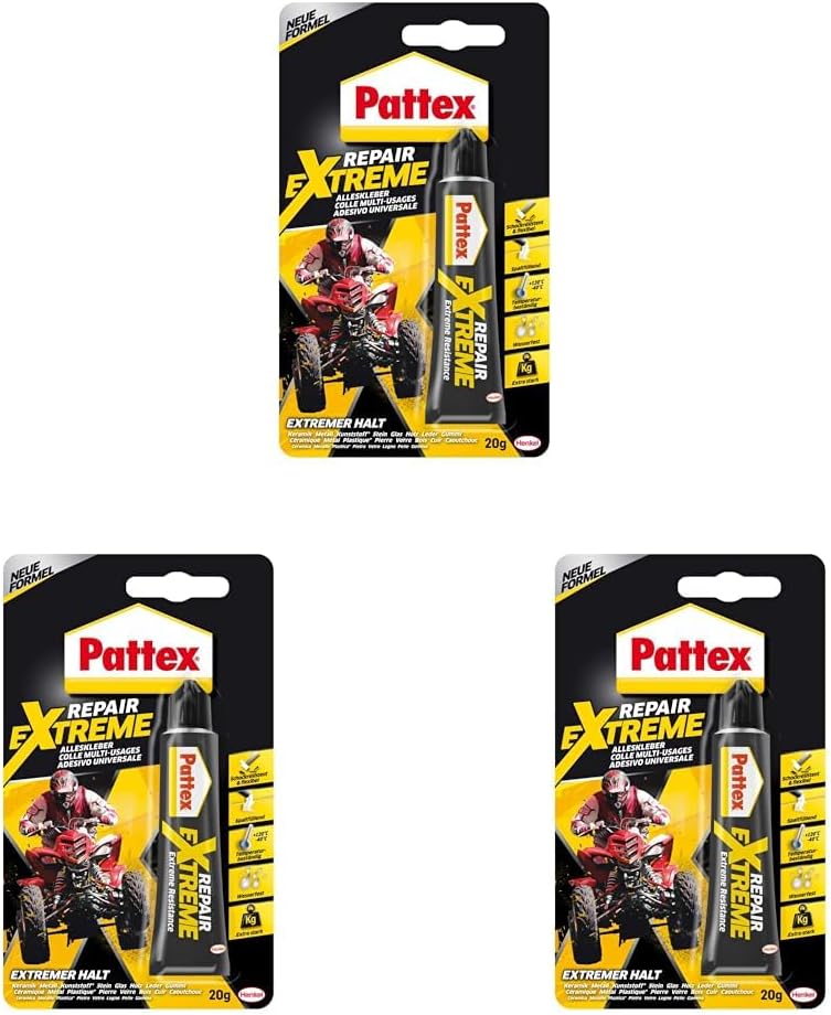 🤴 Pattex Repair Extreme, nicht-schrumpfender und flexibler Alleskleber, temperaturbeständiger Reparaturkleber, starker Kleber für innen und außen, 1x20g Tube (Packung mit 3)