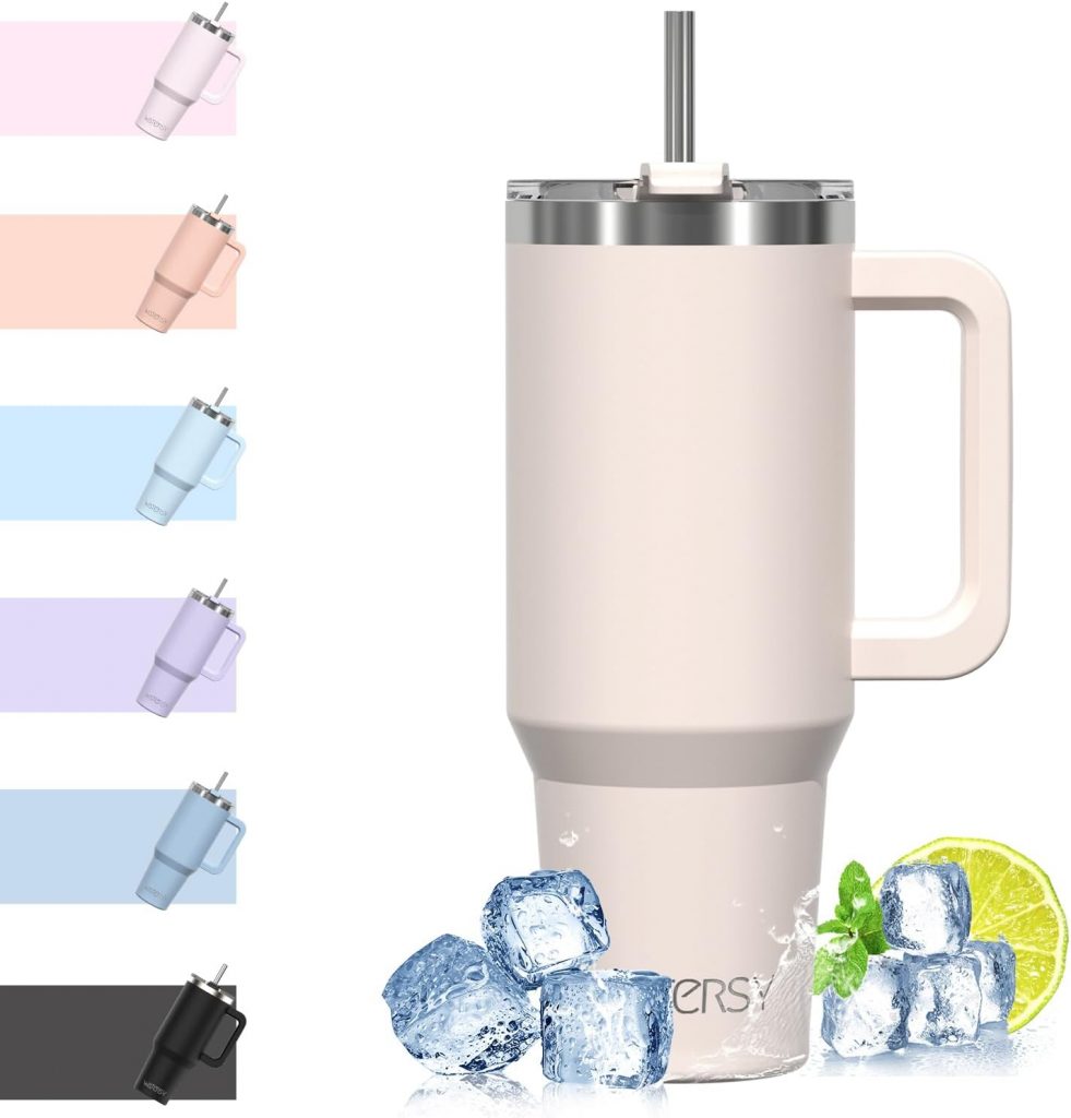WATERSY 40oz Kaffeebecher to Go Thermobecher Doppelwandiger Edelstahl Vakuum Auslaufsicher Trinkbecher mit Griff und Strohhalm, Tragbare Autobecher Thermal Tumbler Hellbeige für Kalte Heiße Getränke