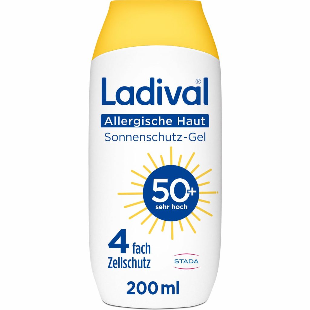 Ladival Sonnenschutz Gel LSF 50+ für allergische Haut – Sonnencreme bei Sonnenallergie und Mallorca-Akne, wasserfest, fettfrei, 4-fach Zellschutz, korallenfreundlich, leichte Gel-Formel, 200ml