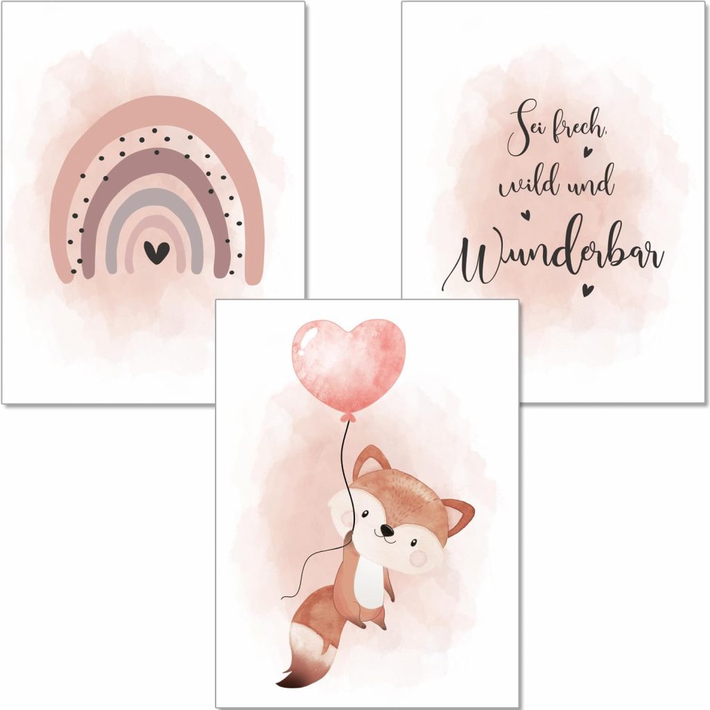 artpin® Poster Kinderzimmer, 3er Set Bilder Babyzimmer Mädchen, Altrosa…