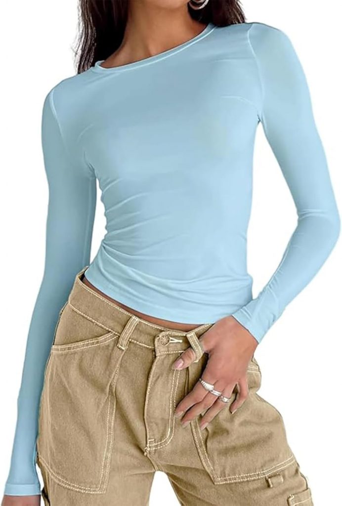 OYIGELZ Langarmshirt Damen Klassischer Basic T-Shirt Crop Tops Y2K Slim Fit…