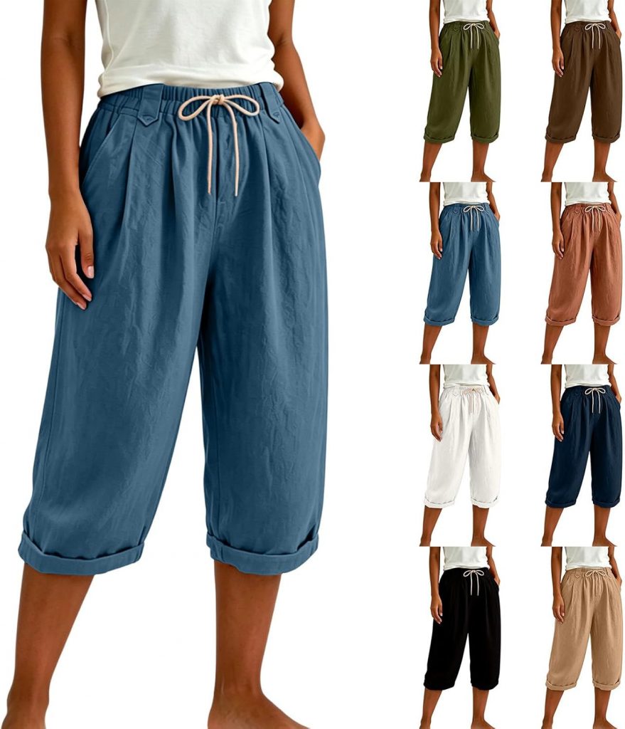XCXC 3/4 Hose Damen Caprihose Sommerhose mit Taschen Gummibund Tunnelzug High Waist Stoffhose Weites Bein Locker Casual Einfarbige Leichte Freizeithose für Urlaub Strand Alltag